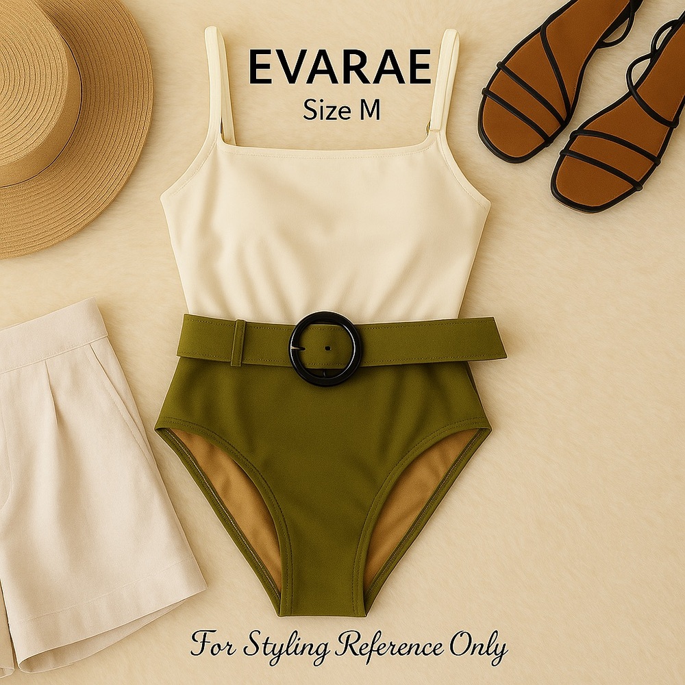 EVARAE Swimsuit | Size M | Olive & Ivory | Belted Waist | Made in Italy